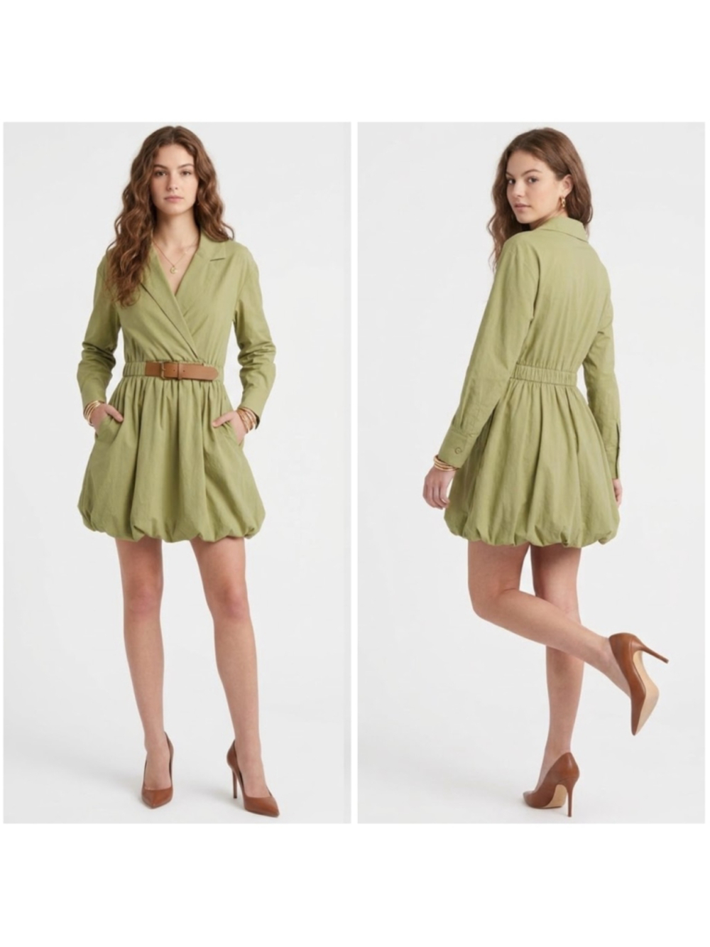 Maeve Anthropologie Olive Green Bubble Hem Mini Dress XS Belted Pockets Cotton